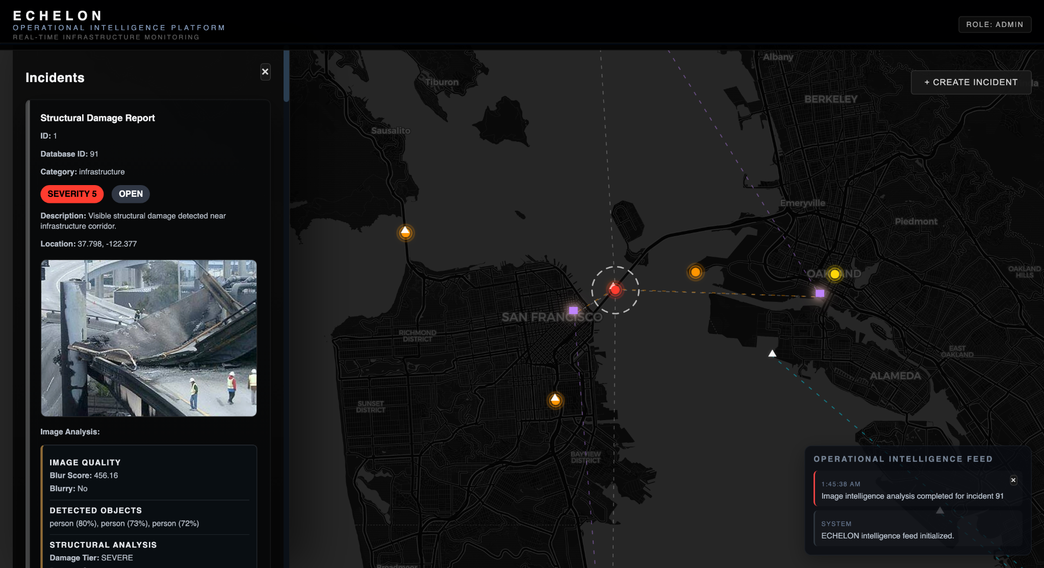 ECHELON operational intelligence dashboard showing infrastructure incidents on a Bay Area map
